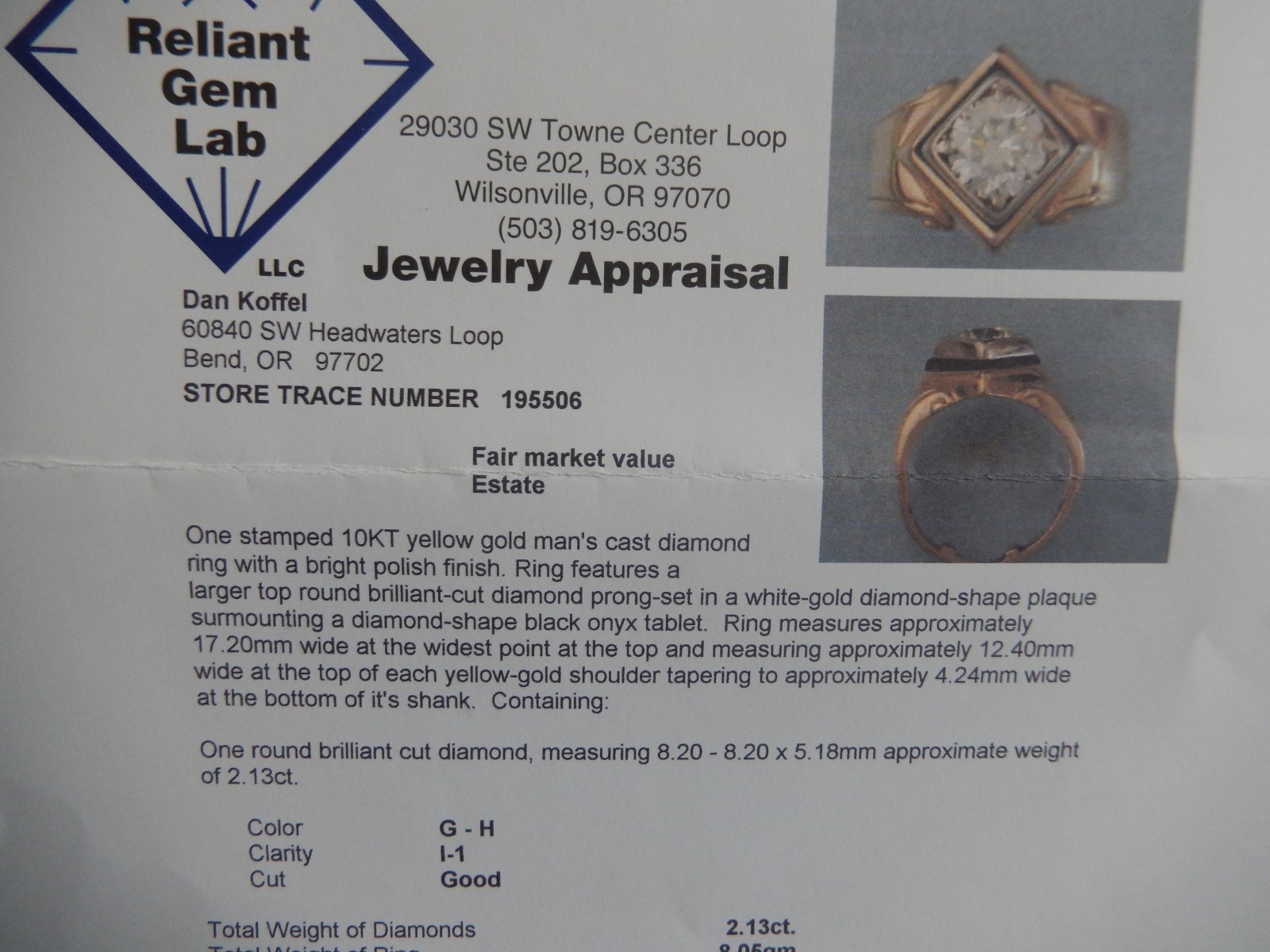 Men’s 10 karat gold diamond ring 2.13 (approximate) Total carat weight