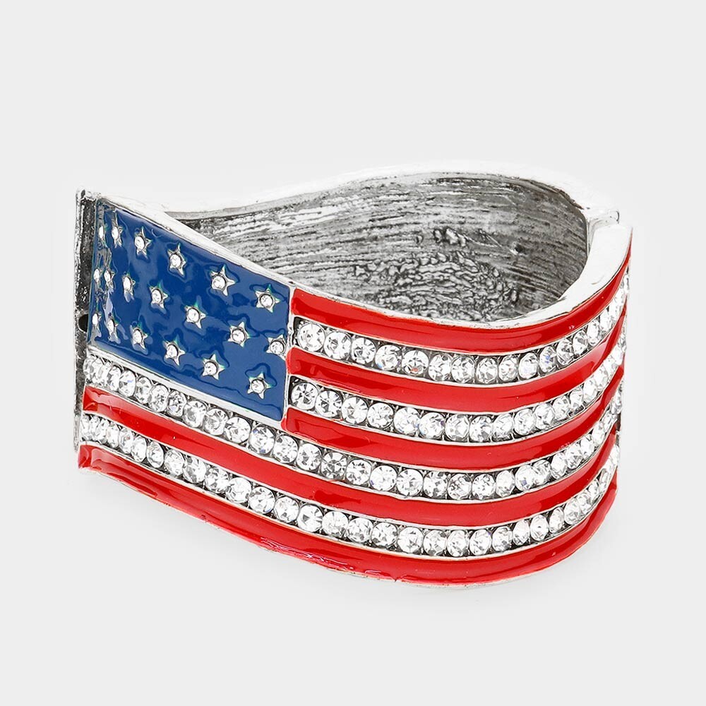 NEW WT Women’s LARGE AMERICAN USA FLAG Bracelet SILVER Bangle Hinge Rhinestones