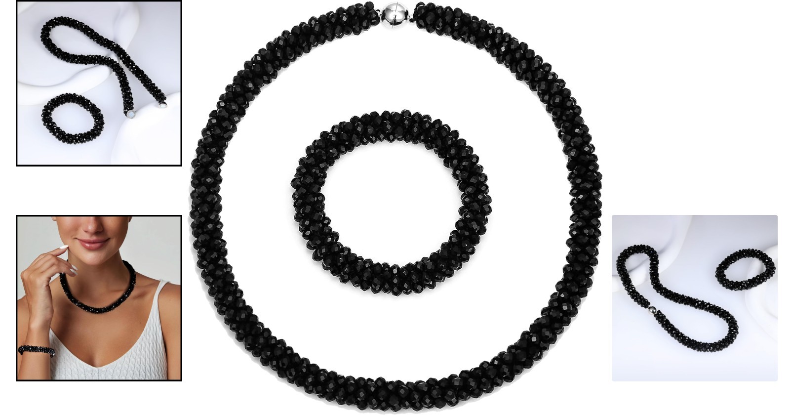Beautiful Boho Jewelry Set – Handmade Black Crystal Necklace & Bracelet Ensemble