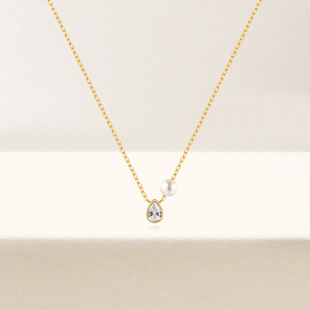 Gold Plated 925 Sterling Silver CZ Teardrop Faux Pearl Necklace for Women