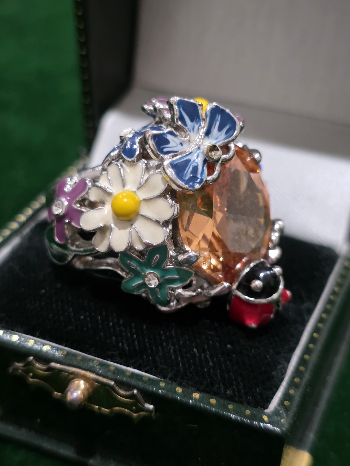 Flower garden Faux Citrine enamel rhinestone butterfly ladybug ring Size 7