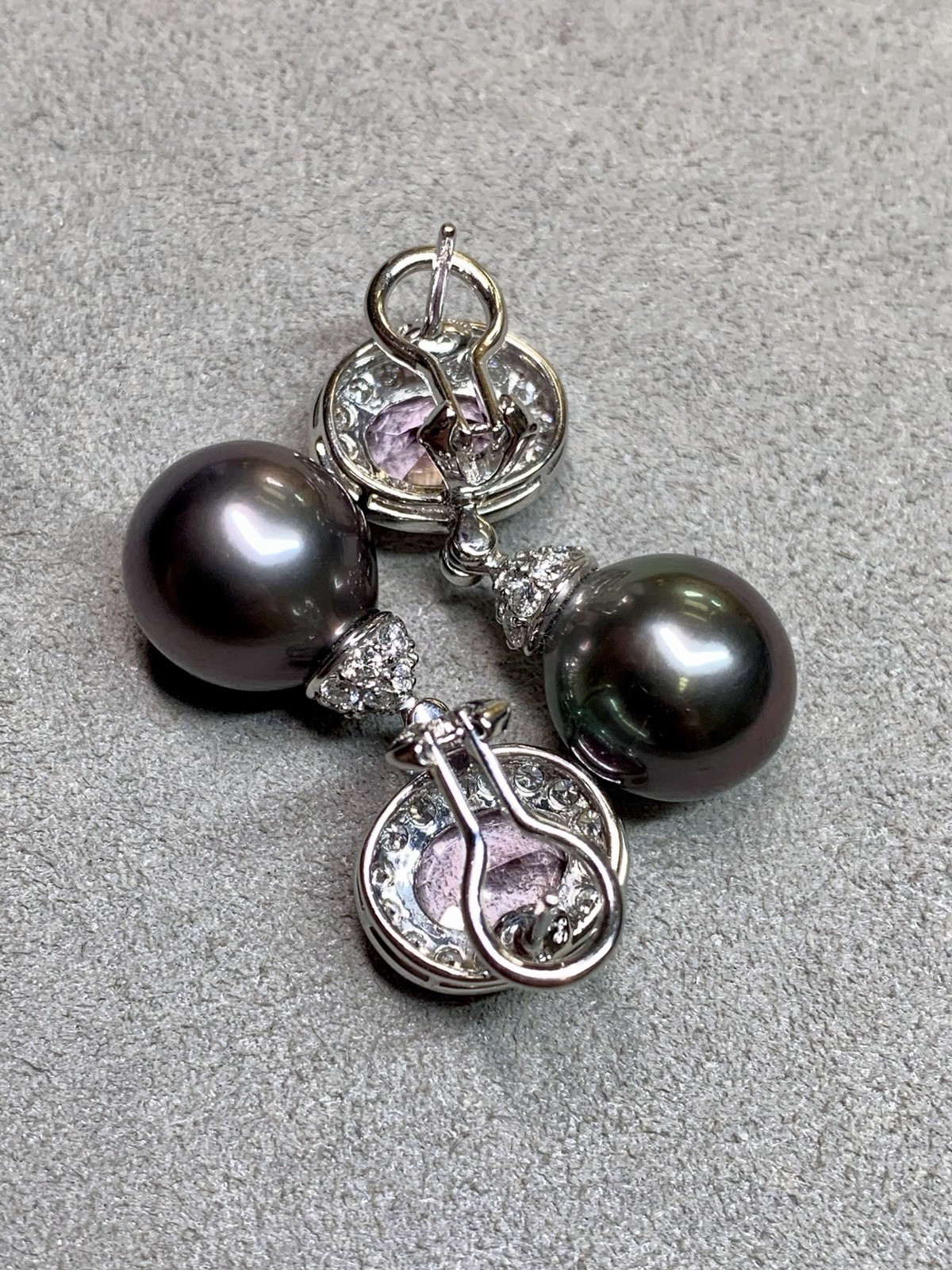 Contemporary 18K White Gold Kunzite Diamond Tahitian Pearl Drop Earrings 6.70ctw