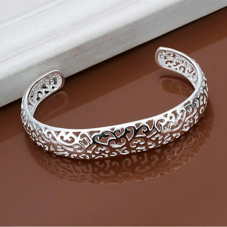 925 Sterling Silver Open Heart Cuff Bracelet Unisex Adjustable Charm Bangle Gift