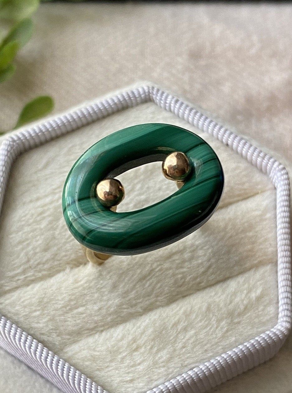 Vintage Custom Modern Space Age 14k Yellow Gold Malachite Statement Ring 7