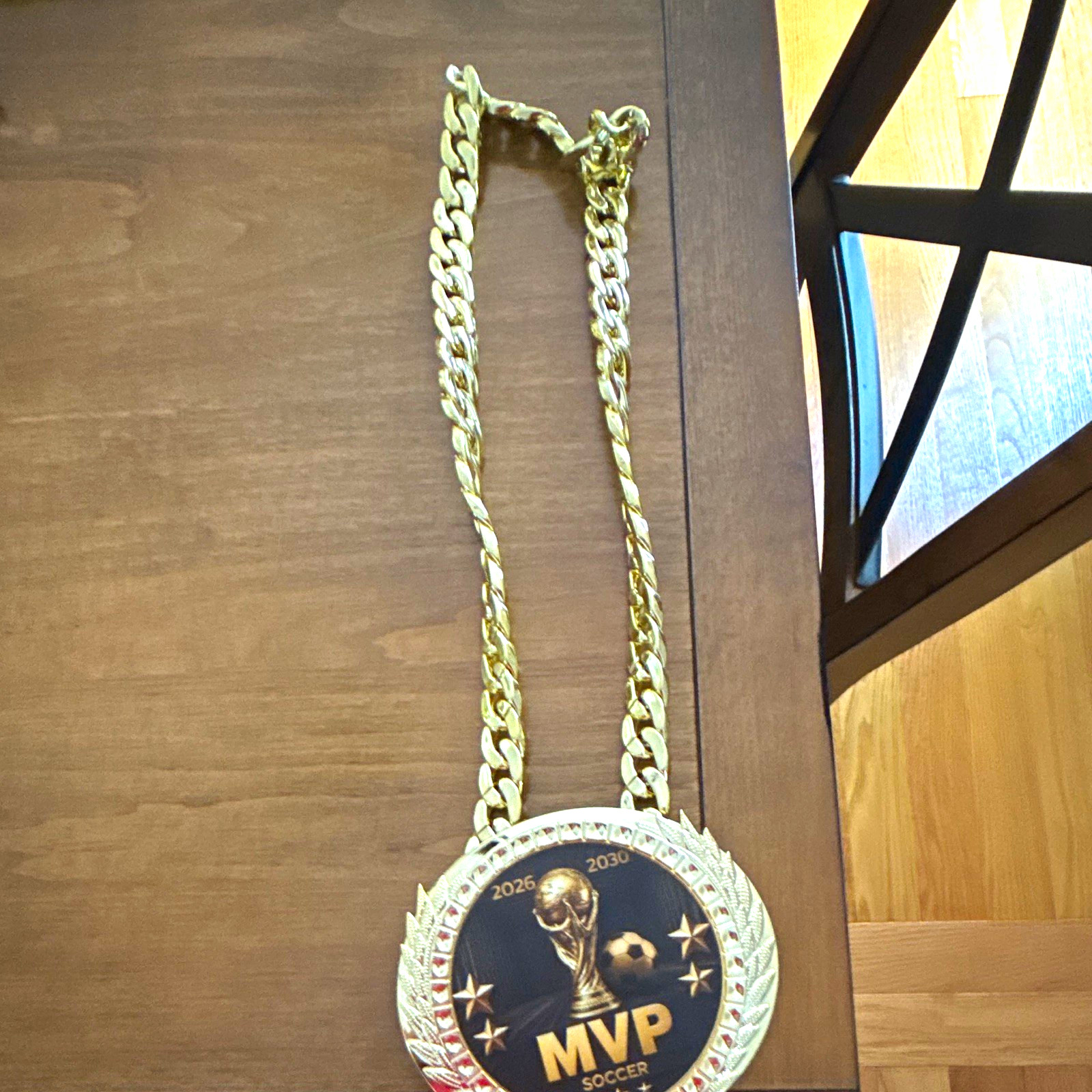Gold Curb Link Chain Necklace Round MVP Soccer Medal Pendant Lobster Clasp