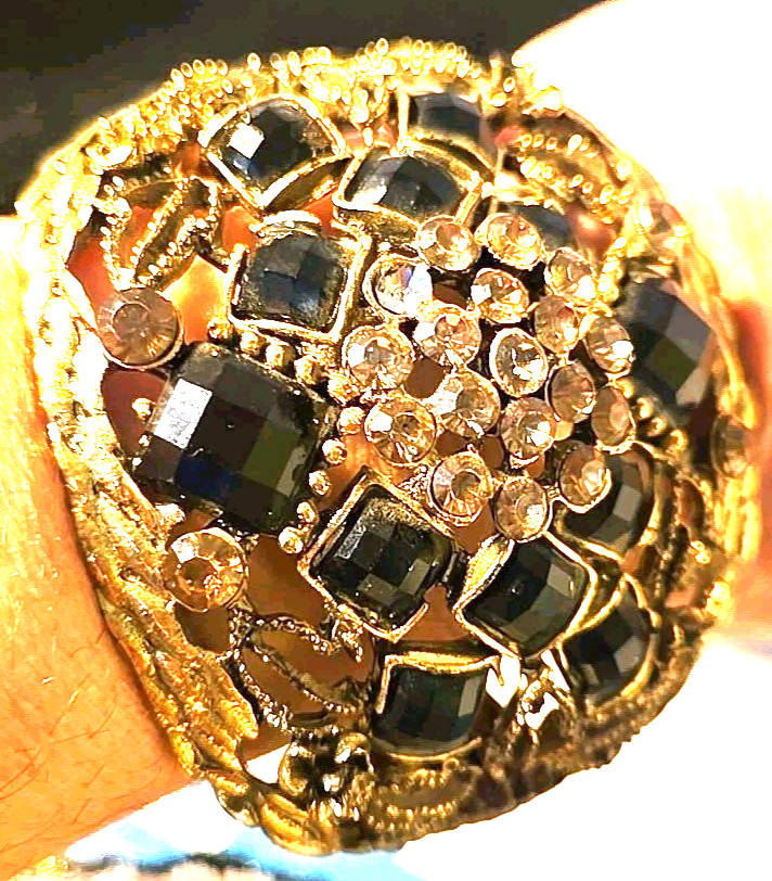 Hinged Bangle Fashion Bling Bracelet with Filgree and Black Rhinestones
