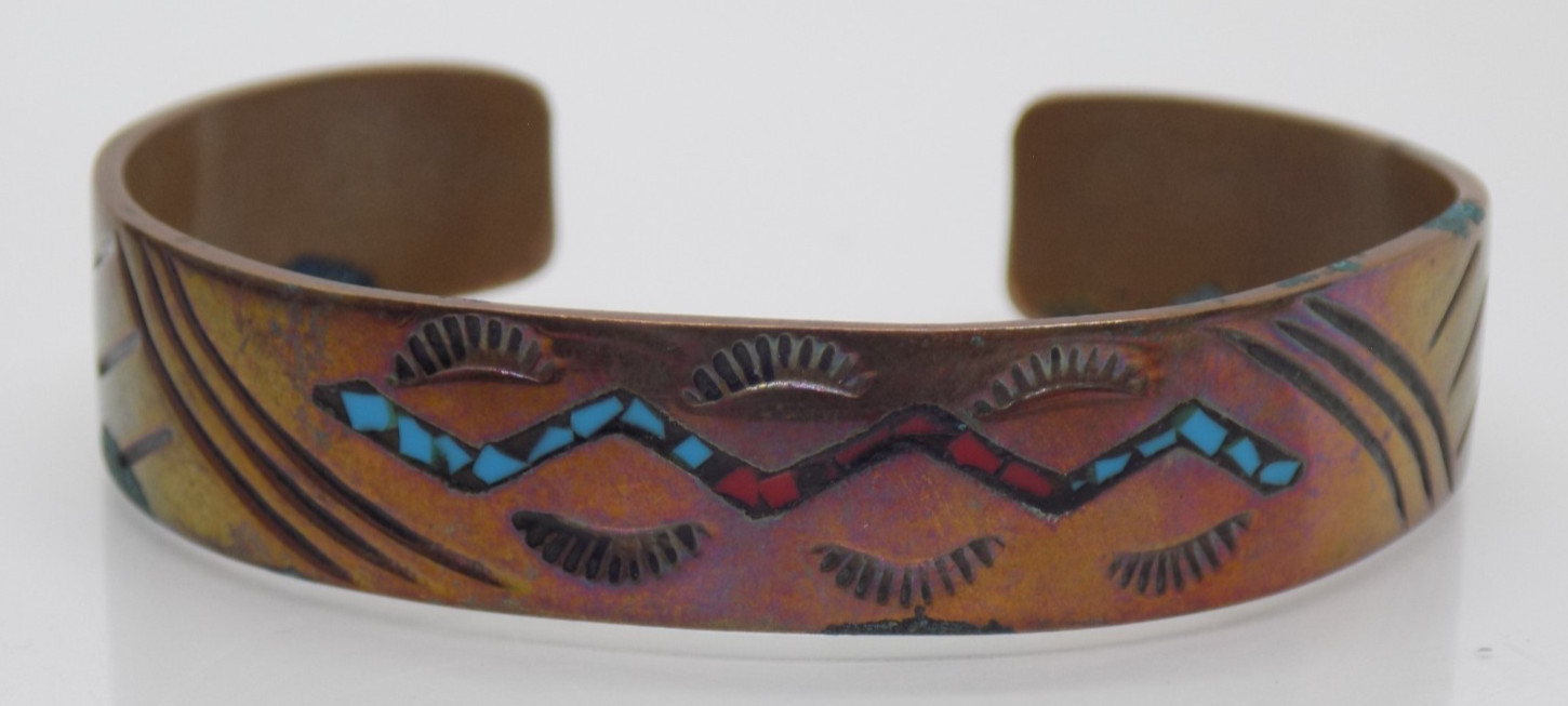 vtg Diné Navajo Willie Nezzie WN Copper Turquoise Coral Inlay Cuff Bracelet