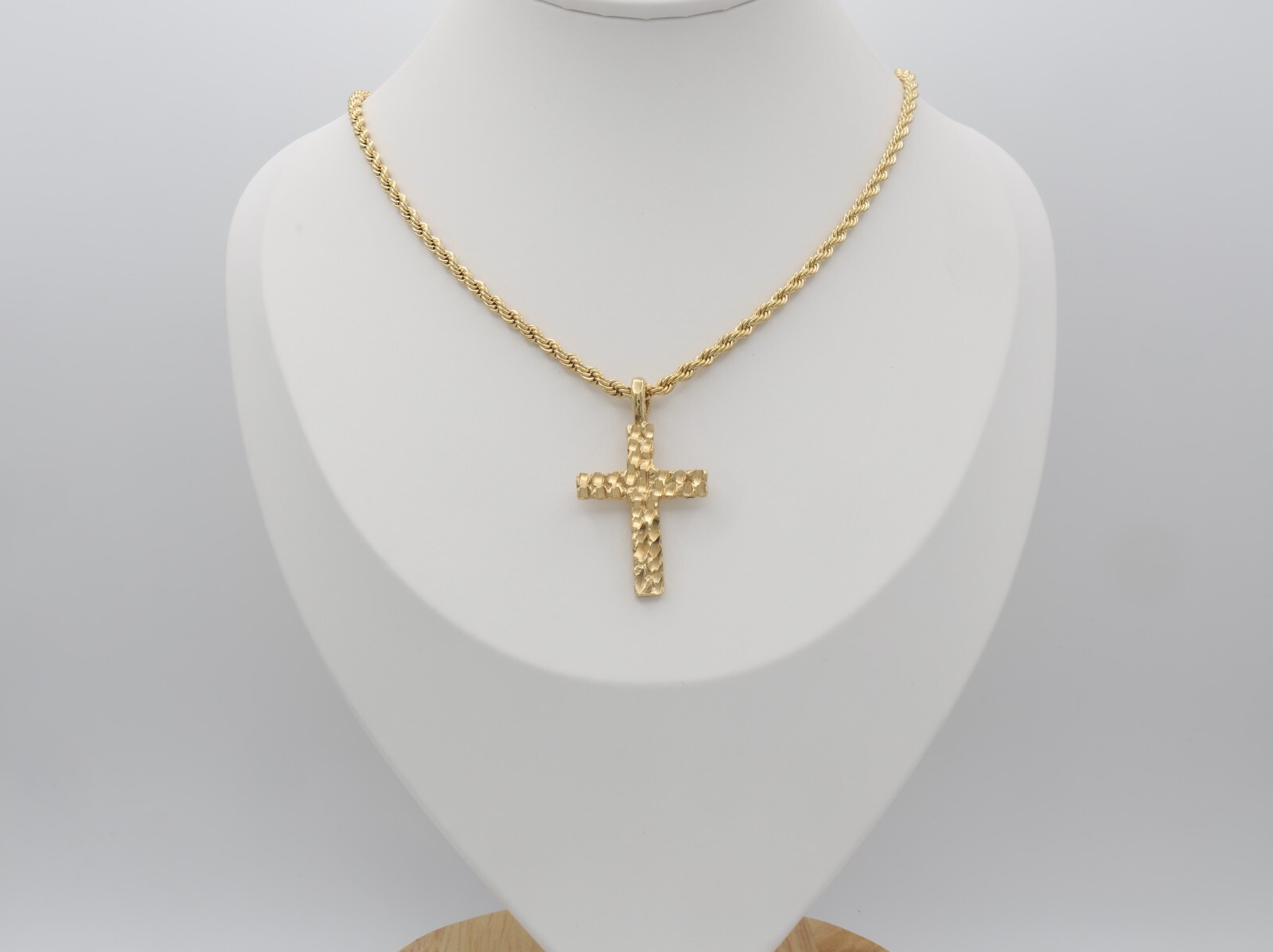 Gold Nugget Cross Necklace, 3mm Rope Chain, 14k Heavy Plated Gold