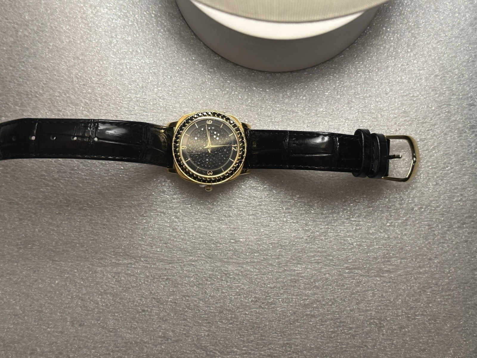 New Victoria Wieck Watch Womens Black Crystal Gold Trim Black Leather See Desc.