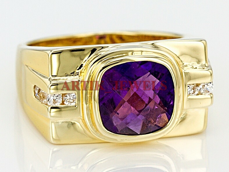 Natural Amethyst Gemstone with Gold Plated 925 Sterling Silver Men’s Ring #2886