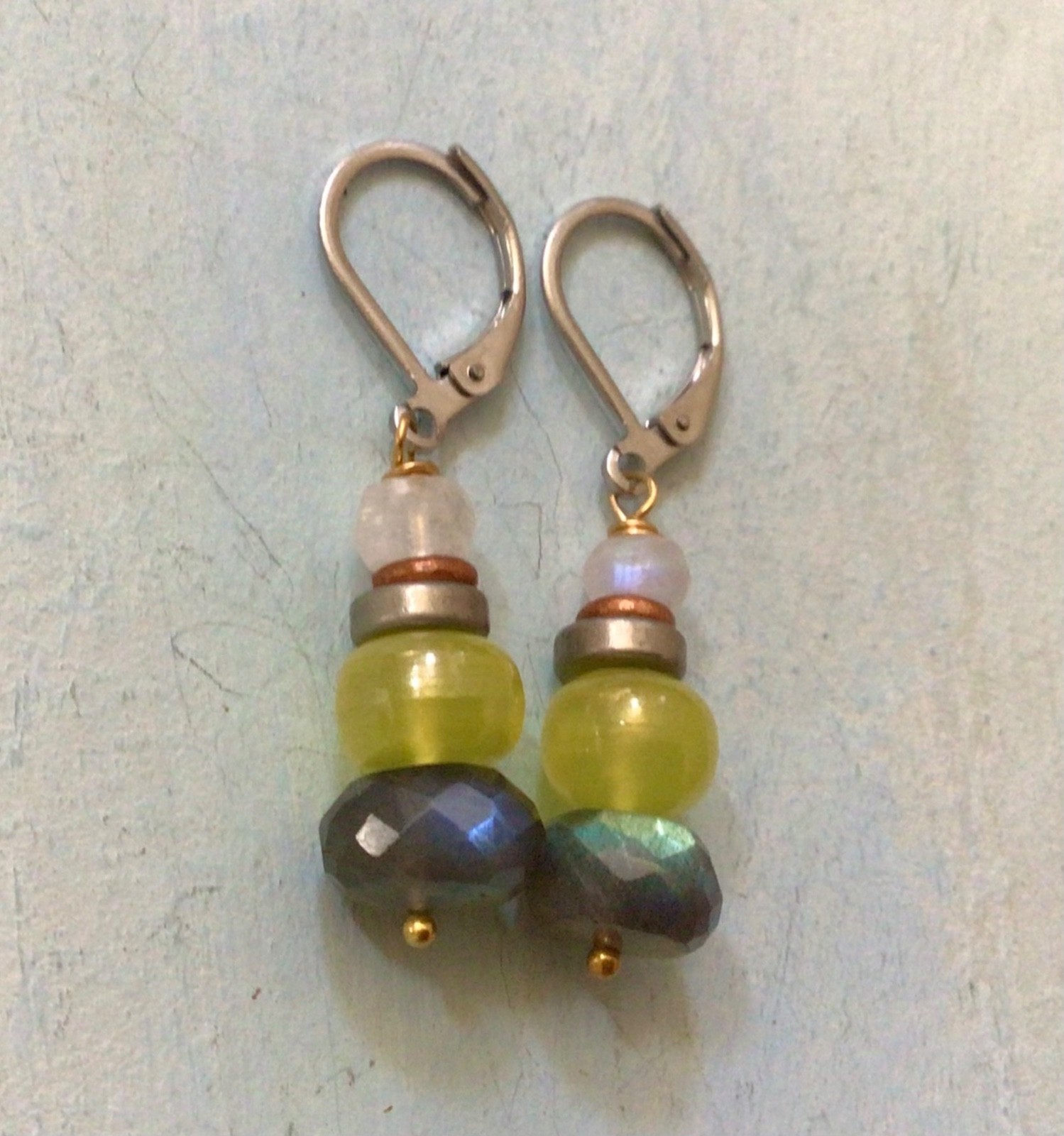 $130 SUNDANCE CHARM MOONSTONE LABRADORITE LEMON QUARTZ EARRINGS ARTISAN JEWELRY