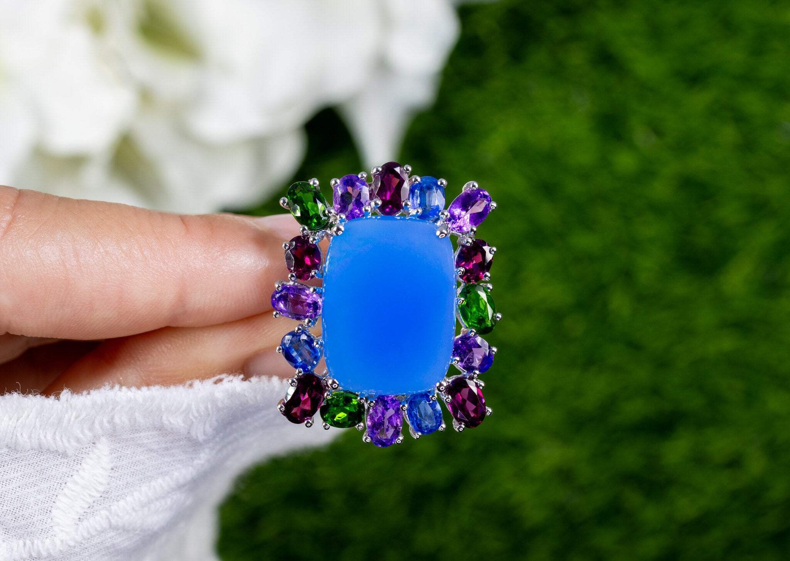 Natural Blue Chalcedony Ring 26ct Multi Gemstone Halo Sterling Silver Size 7
