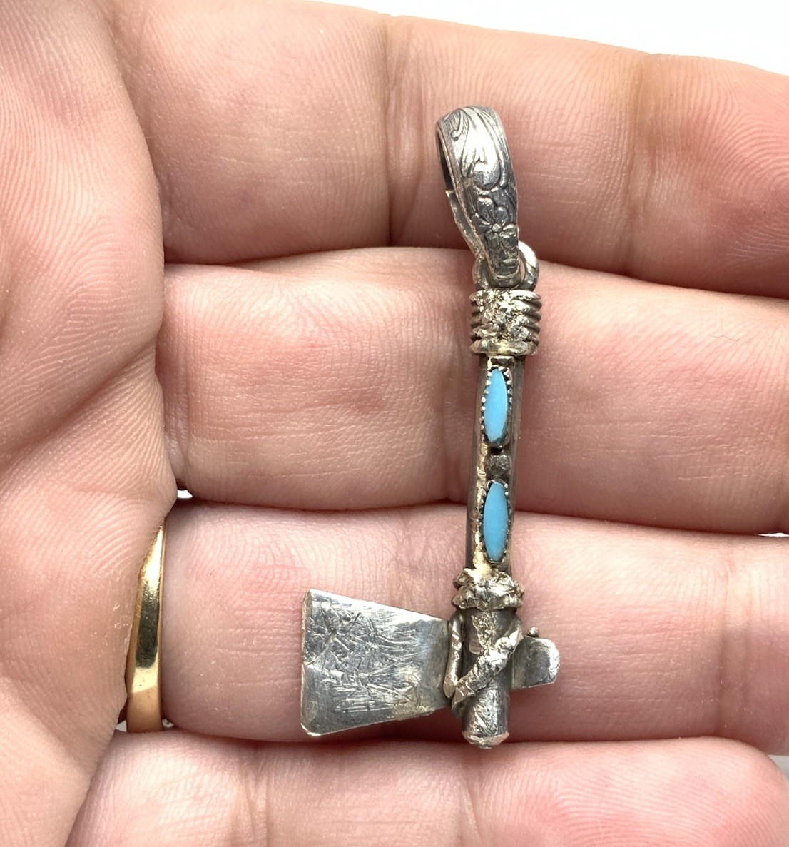 Native American Sterling Silver Turquoise Needle Point Tomahawk Axe Pendant