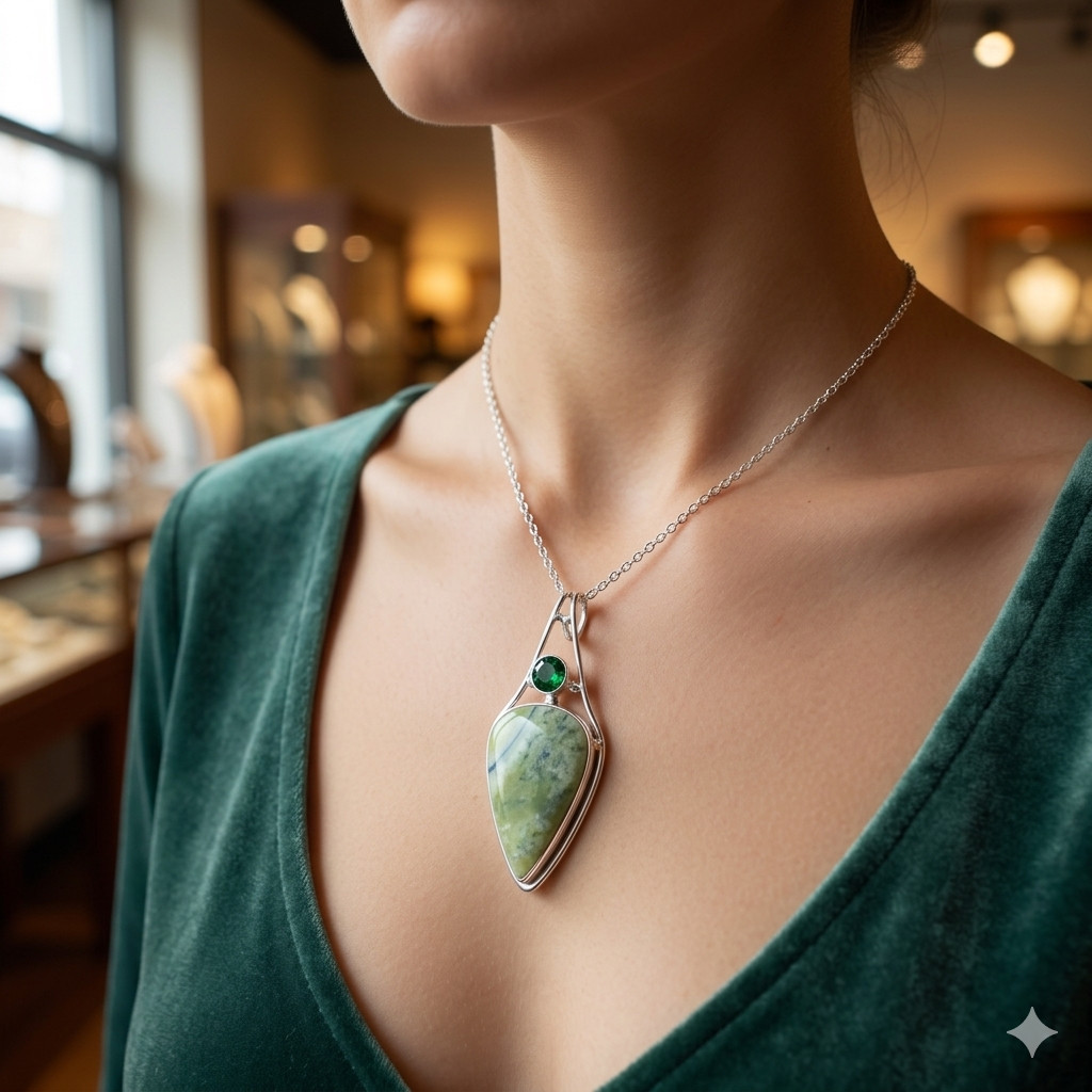 Natural GREEN OPAL Chrome Diopside Channel Set Mother Pendant Sterling Silver
