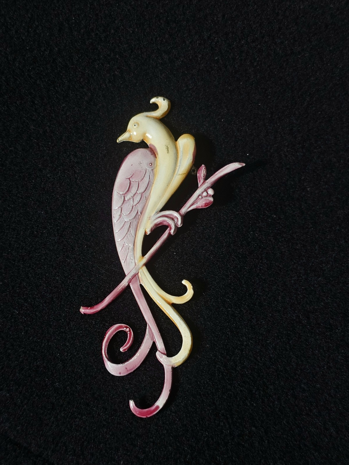 1940s Enamel Bird Brooch Large Vintage Bird Of Paradise Pot Metal Pink