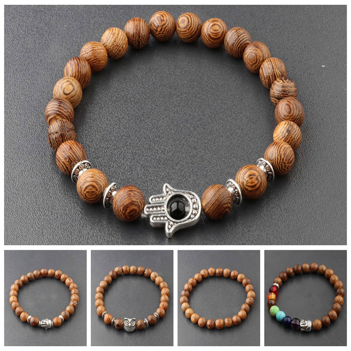3 Pcs Men’s Woman 8MM Owl Buddha Wooden Beaded Bracelets Jewelry Stretch Bangle