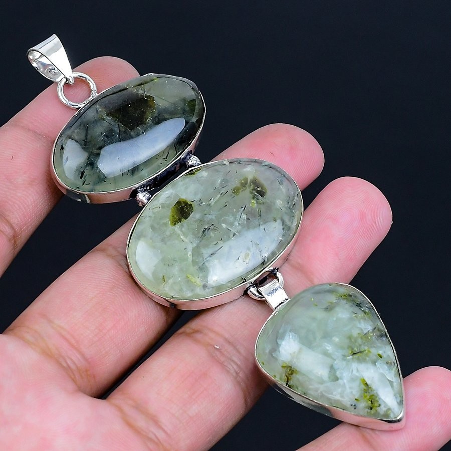 Prehnite 925 Silver Plated Handmade Pendant of 3.94″