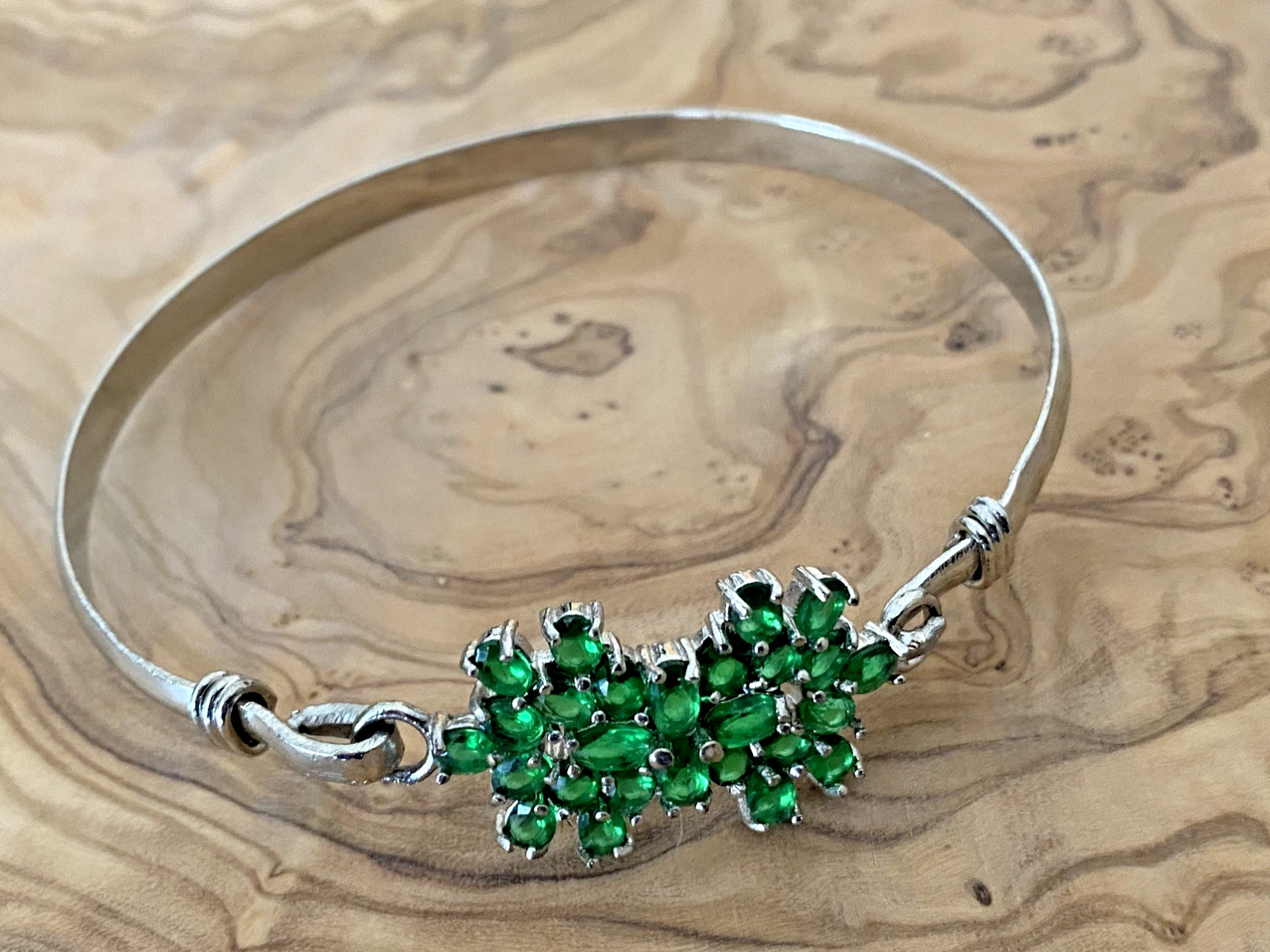 Green Emerald Glass Floral Bangle Bracelet, 925 Sterling Silver, 2.8 in W