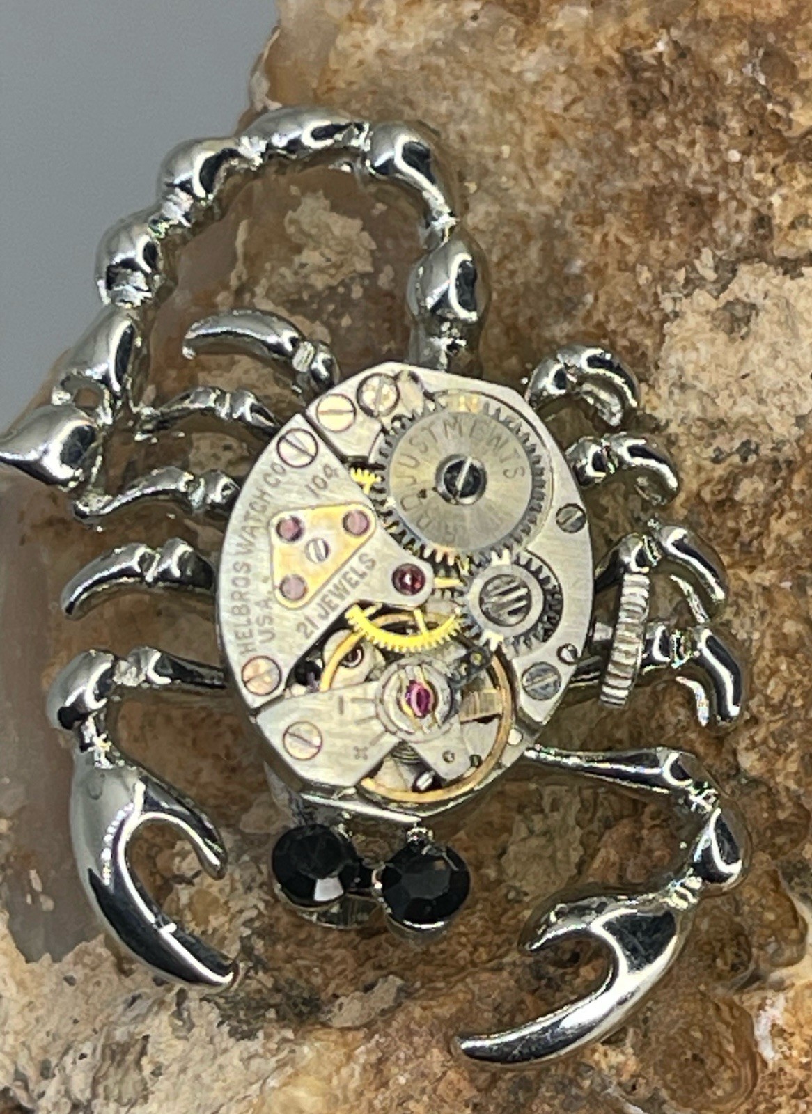 Steampunk Vintage Helbros Miniature Gears & Jewels Scorpion Brooch Pin. 138-b