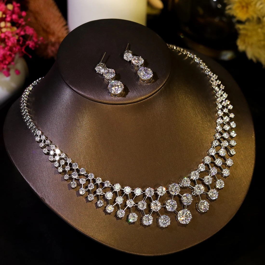 Gorgeous Zircon Drop Necklace Earrings Sets Evening Wedding Dinner Party Bridal