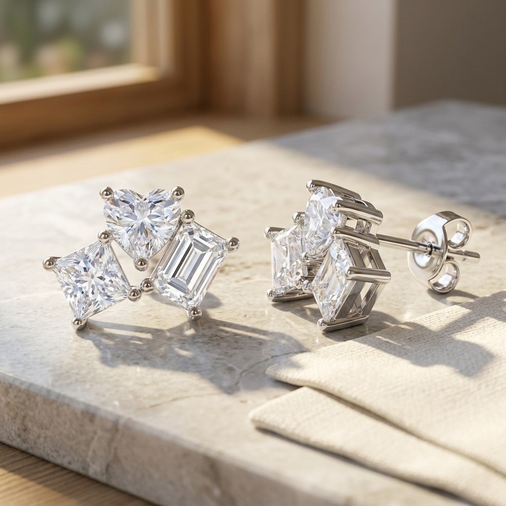 925 Sterling Silver Heart Pear Emerald Cut Moissanite Cluster Stud Earrings
