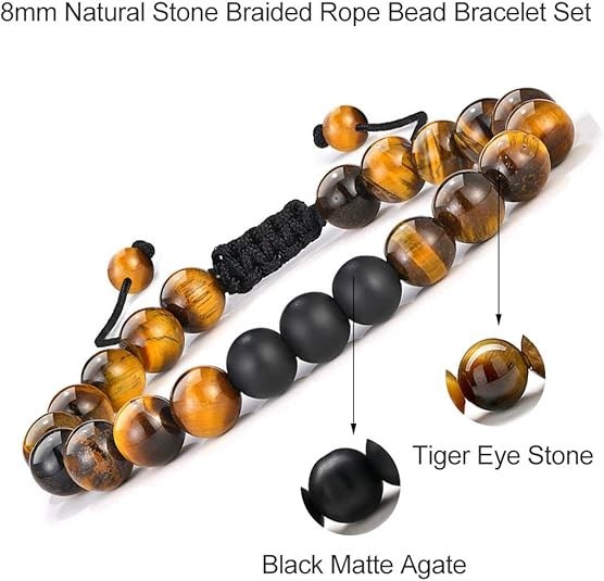 2pc Beaded Bracelets Set Beaded Natural Stone 8mm Tiger Eye for Men Teen Boys