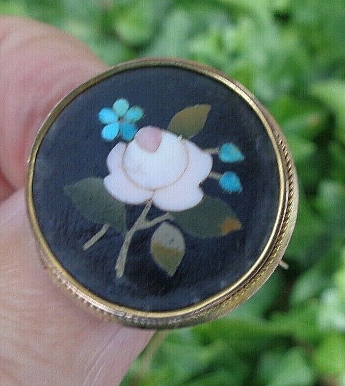Pietra Dura Gold Brooch Victorian 9ct Antique gold Mosaic Floral c1880s