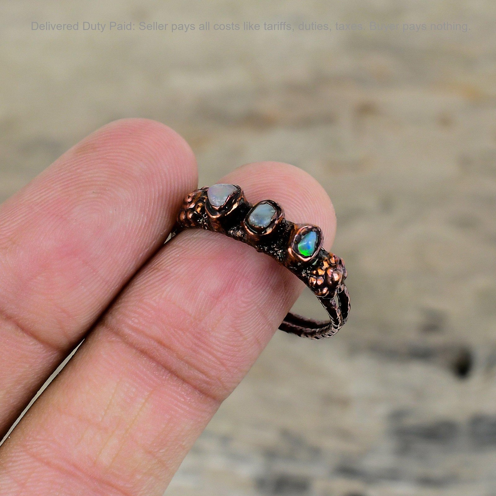 Ethiopian Opal Stone Copper Handcrafted Electroformed Stackable New Ring Jewelry