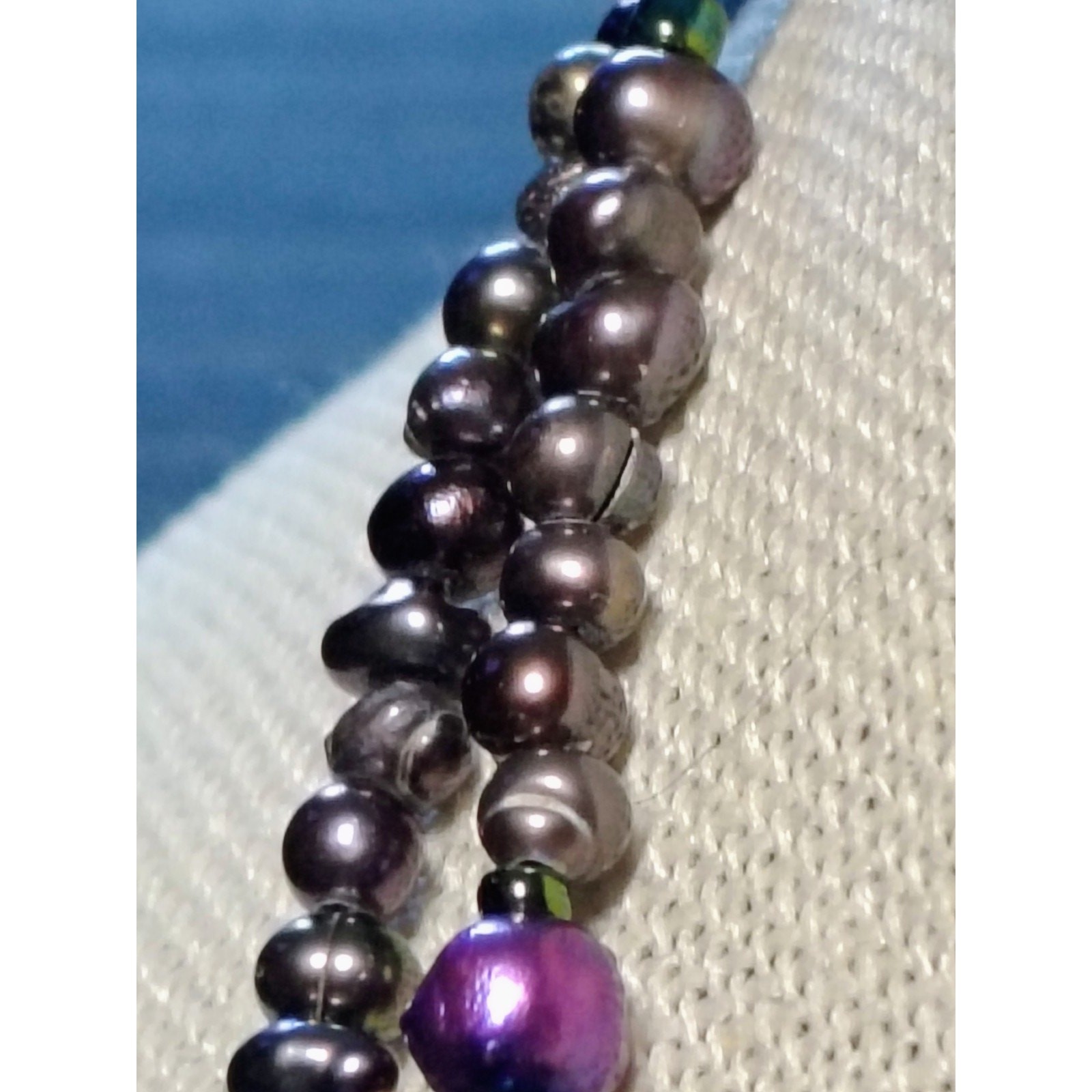 N774 Artisan Double Strand Amethyst Chip Bead Necklace Purple Shell Pearl Boho