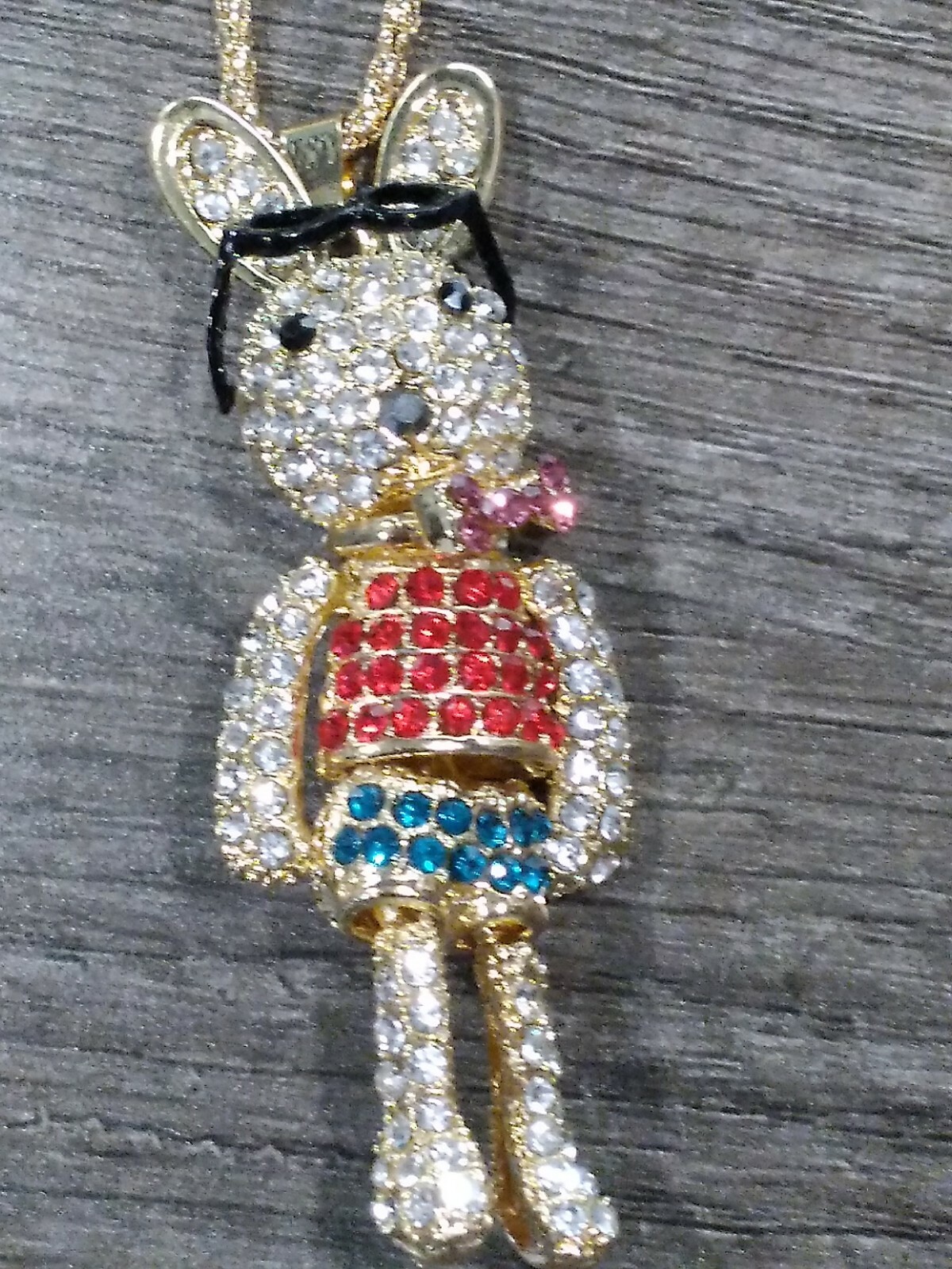 Eclectic Whimsical RED & BLUE BUNNY RABBIT GLASSES Rhinestone Pendant Necklace