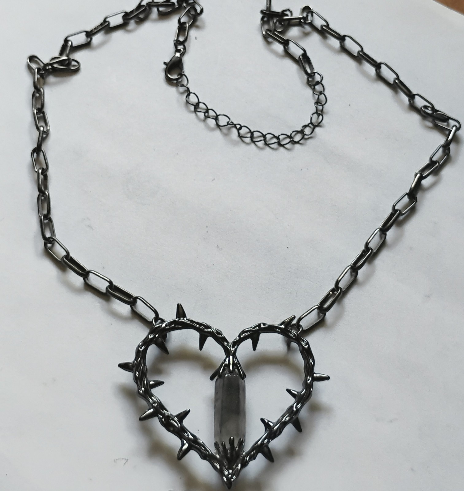 Gothic Thorned Dark Heart with Crystal Necklace on 18″Chain
