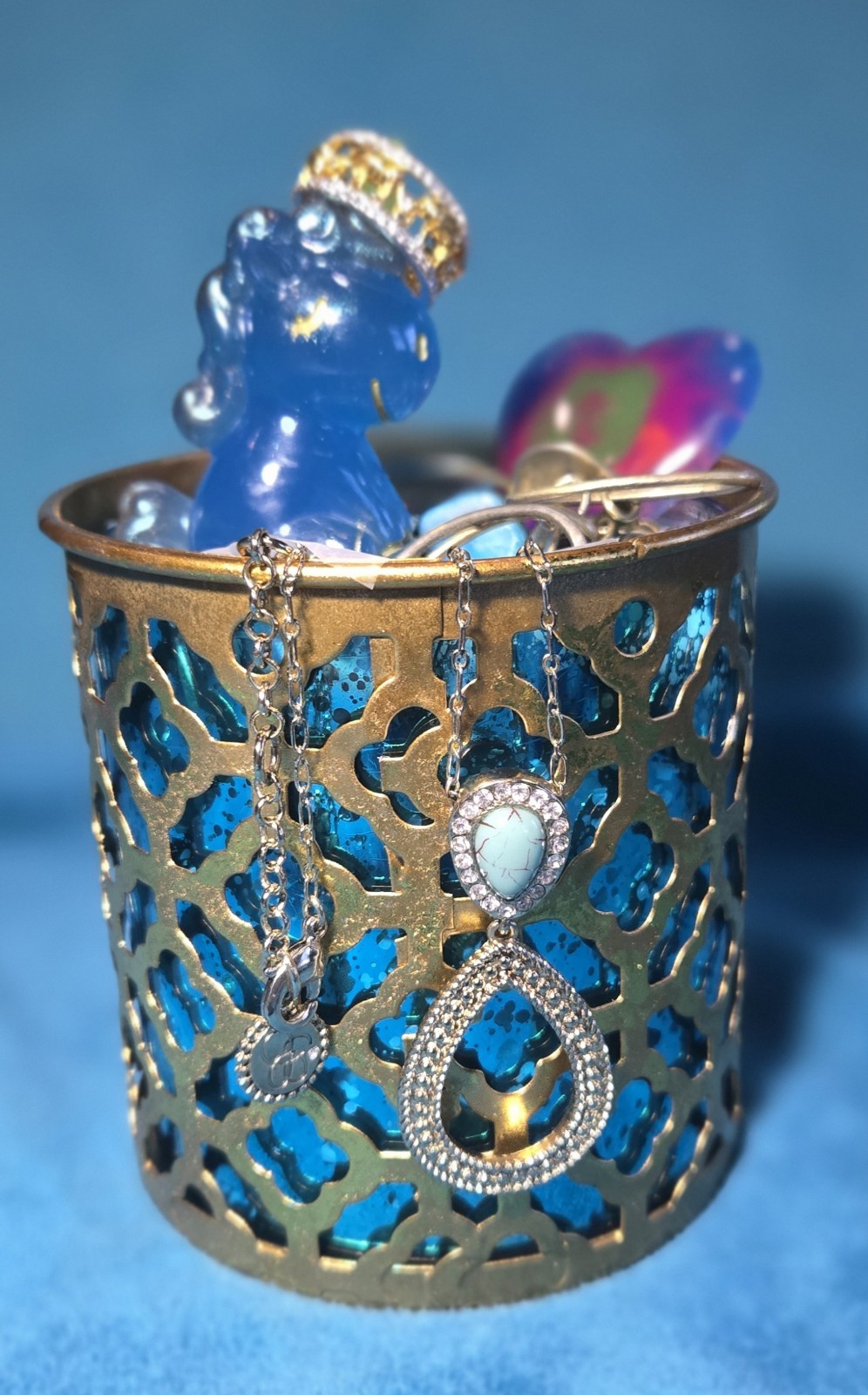 Boho Blue Mystery Jewelry Jar Lot 30 Pcs Britney Spears Necklace Vintage Glow