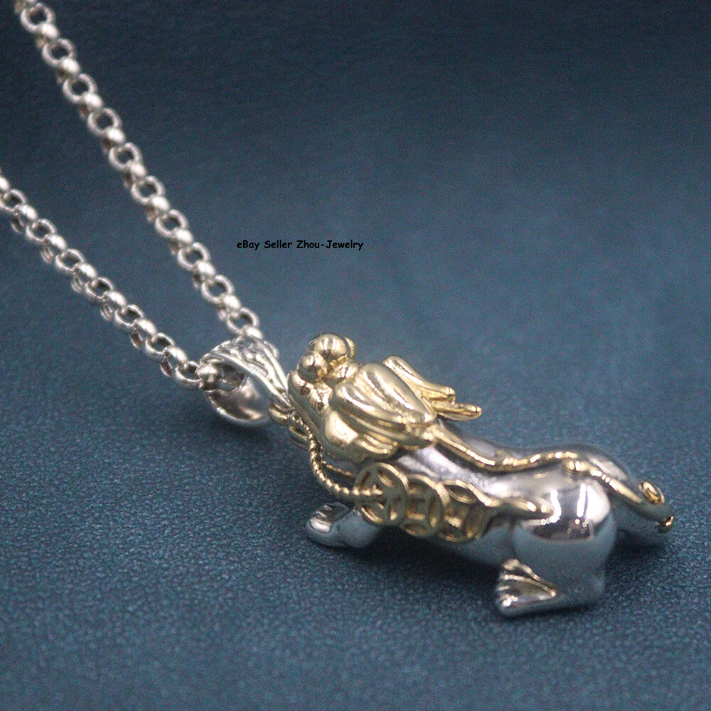 Real S925 Sterling Silver Lucky Coin Two Tone Dragon Pixiu Pendant 43*18mm