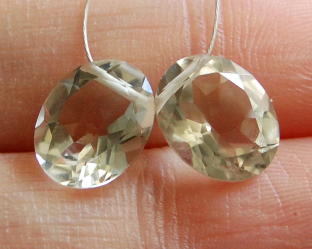 Natural Green Amethyst Flat Faceted Pear Briolette Gemstone Beads Matching Pair