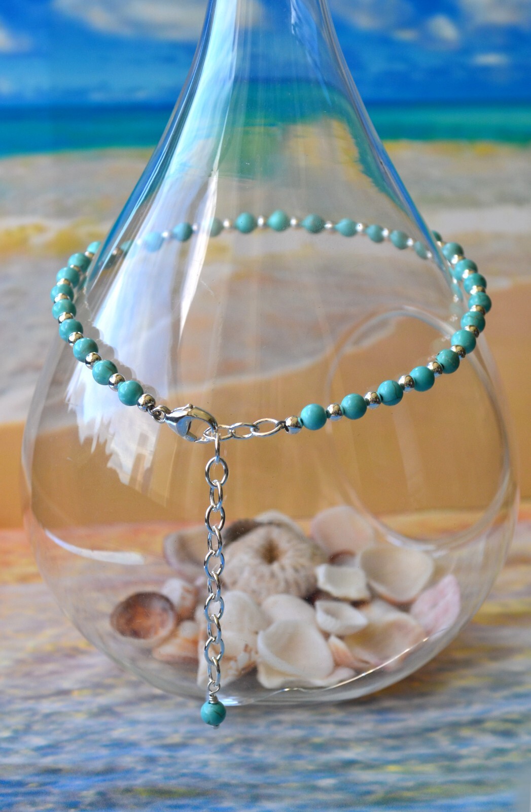 4mm Turquoise Bead and 3mm Sterling Silver Bead Ankle Bracelet 9 to 11 Inches