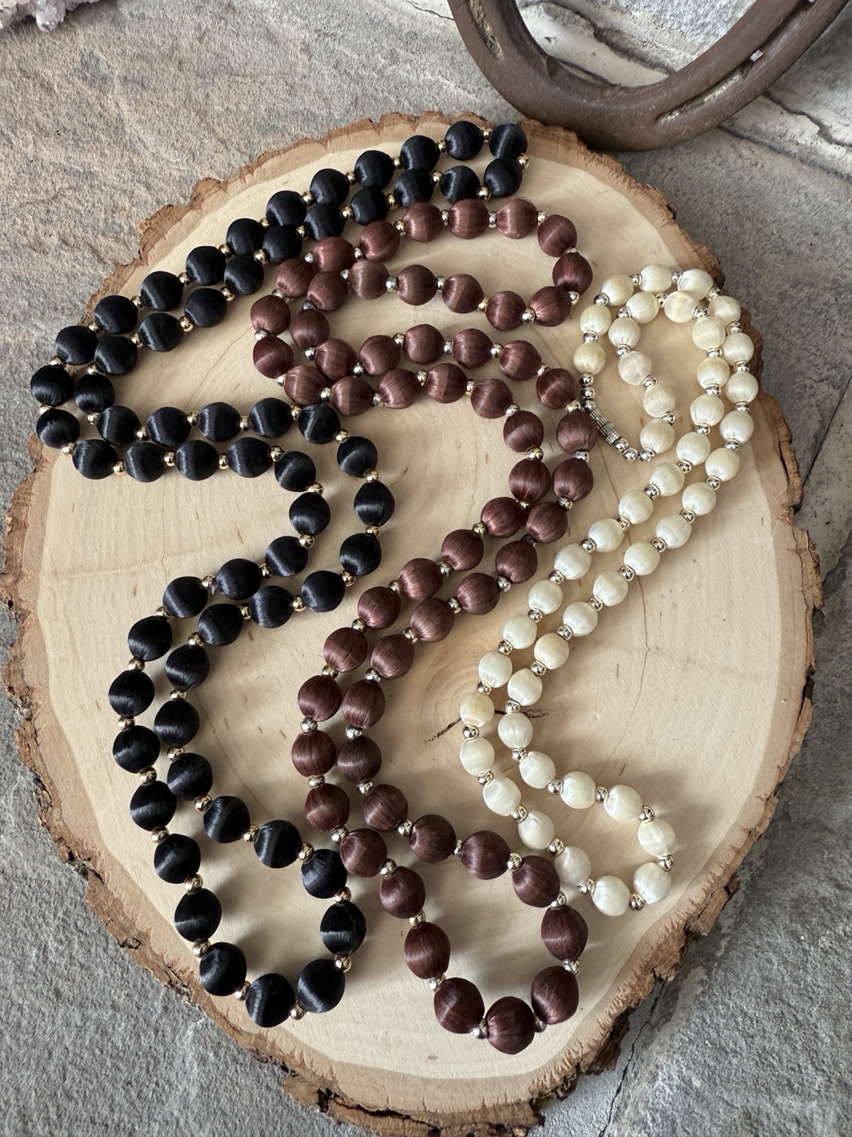 Vintage Multi-Color (Black, Brown and Ivory) Silk Beaded Necklace Set
