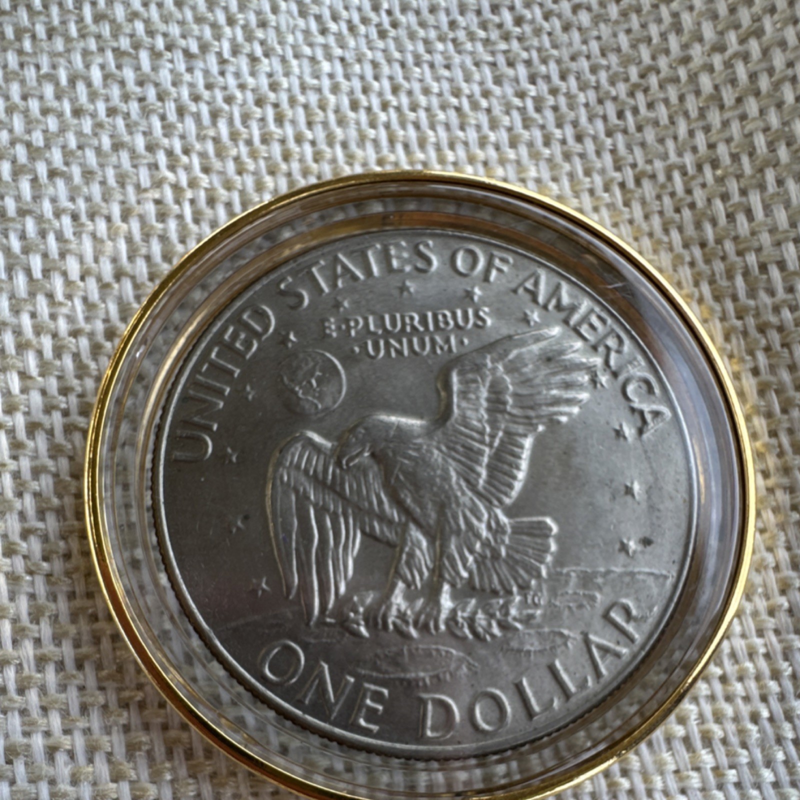 1974 Eisenhower $1 Coin Pendant Necklace Gold Tone Cable Chain Round