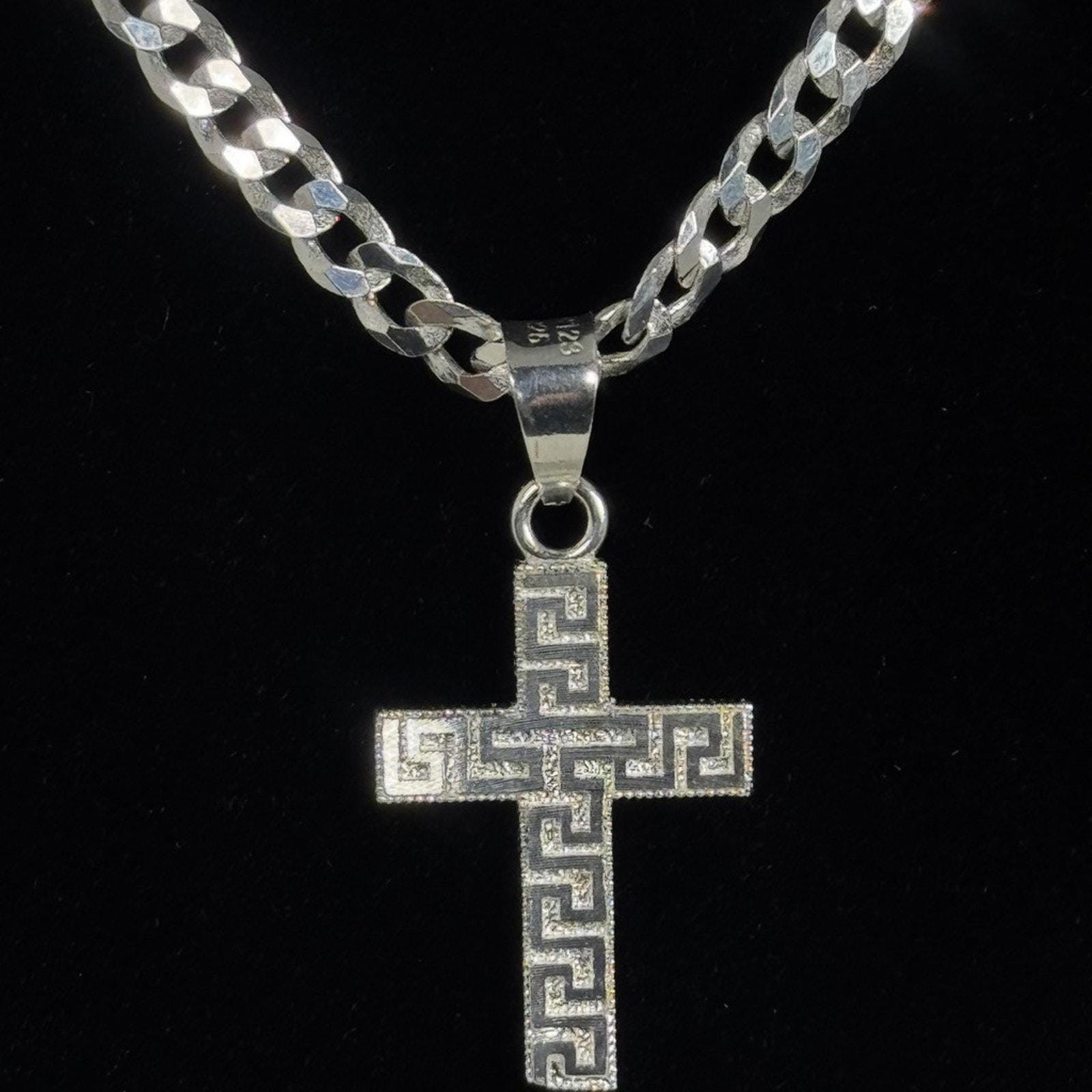 Sterling Silver Greek Key Cross Pendant Necklace 925 Italy Curb Chain 24 Inch