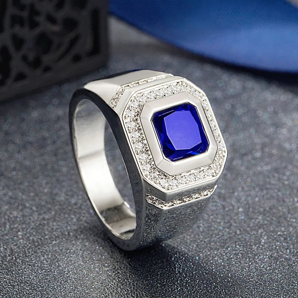 Blue Crystal Ring Silver Color Geometric Tension Mount Wedding Men Jewelry