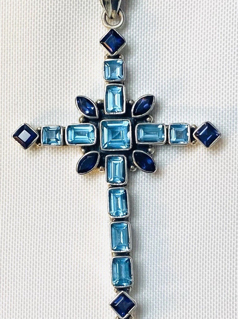 Nicky Butler Sterling Silver 925 Blue Topaz & Iolite Large Cross Pendant – 3”L