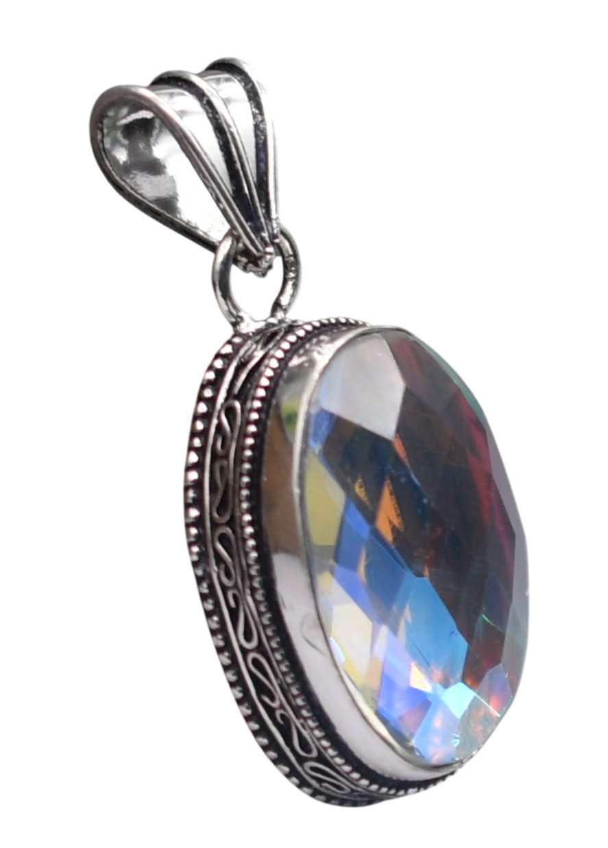 Mystic Topaz Hydro Gemstone Antique Silver Plated Pendant 2″ J 2014
