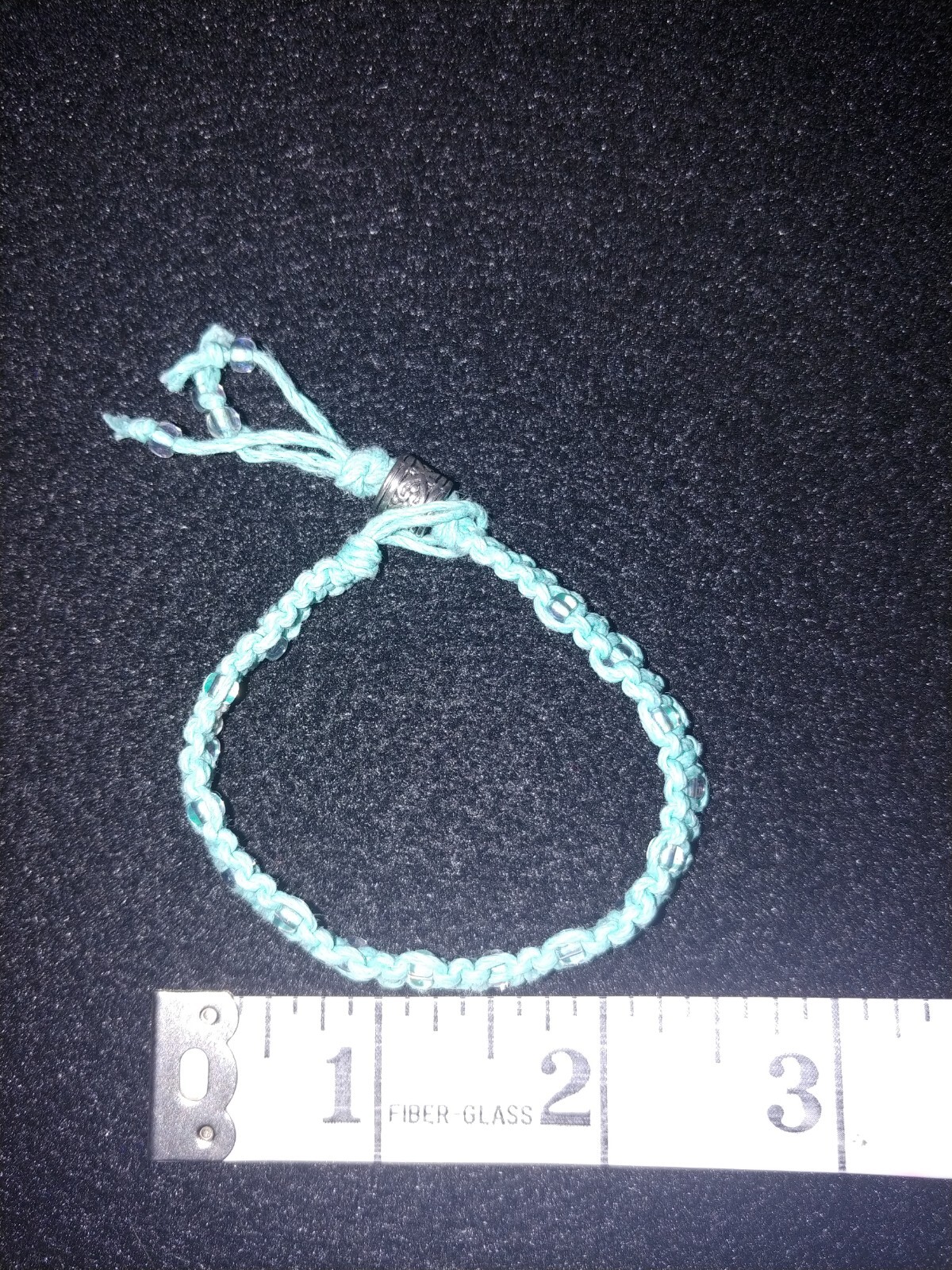 Soft turquoise woven hemp bracelet w/ clear & silver beads handmade approx. 7 in