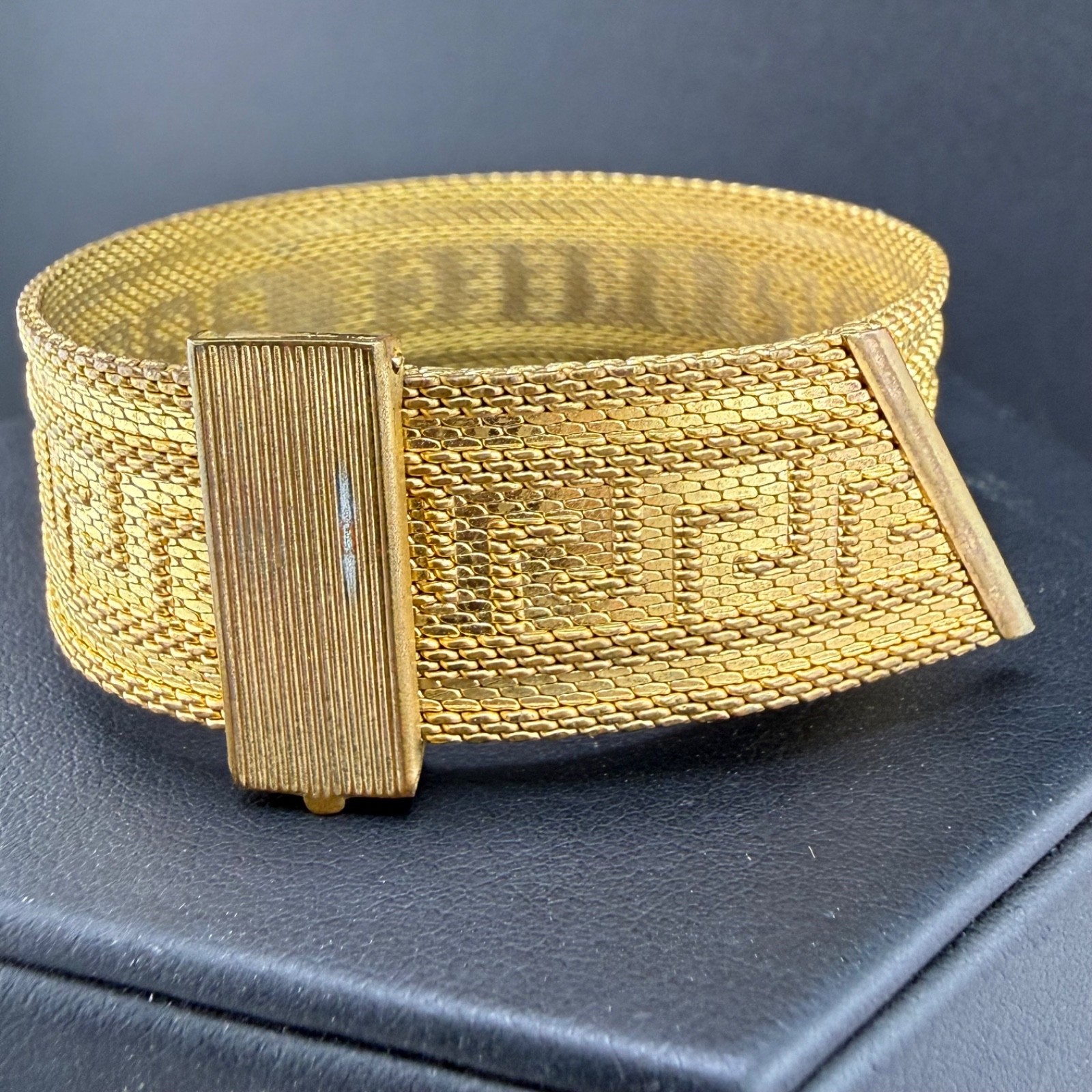 Vintage Greek Key Buckle Bracelet Wide Greece Gold Tone Adjustable 7.5”
