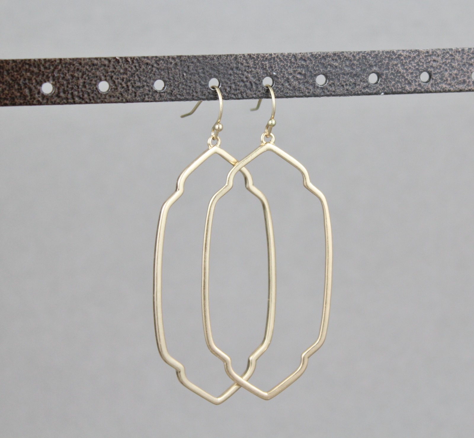 Gold oval teardrop earrings dangle cutout filigree oval outline 2.75″ long