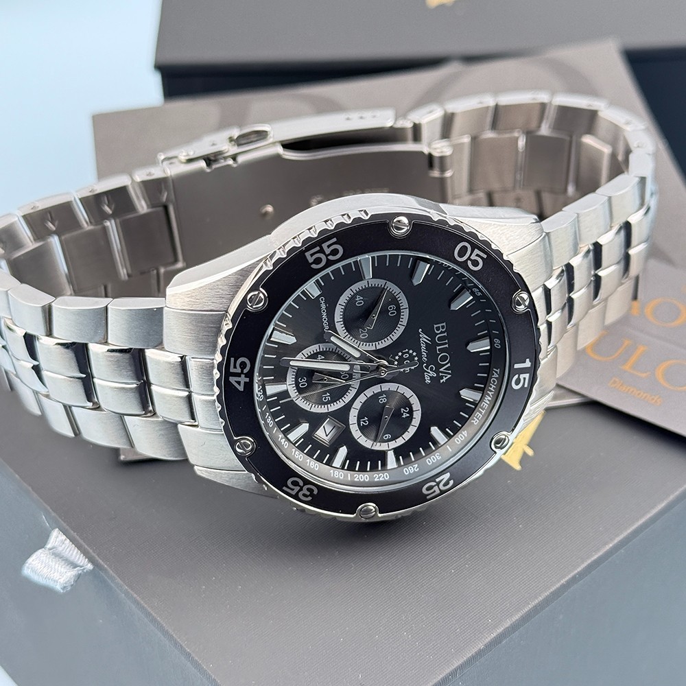 Men’s Bulova 98B401 Marine Star Chronograph Black Dial Quartz Watch 41.5mm
