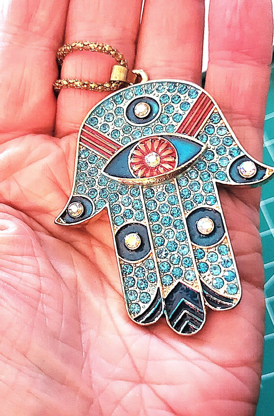 Betsy Johnson sparkly multi-colored Hamsa Hand of Fatima necklace evil eye