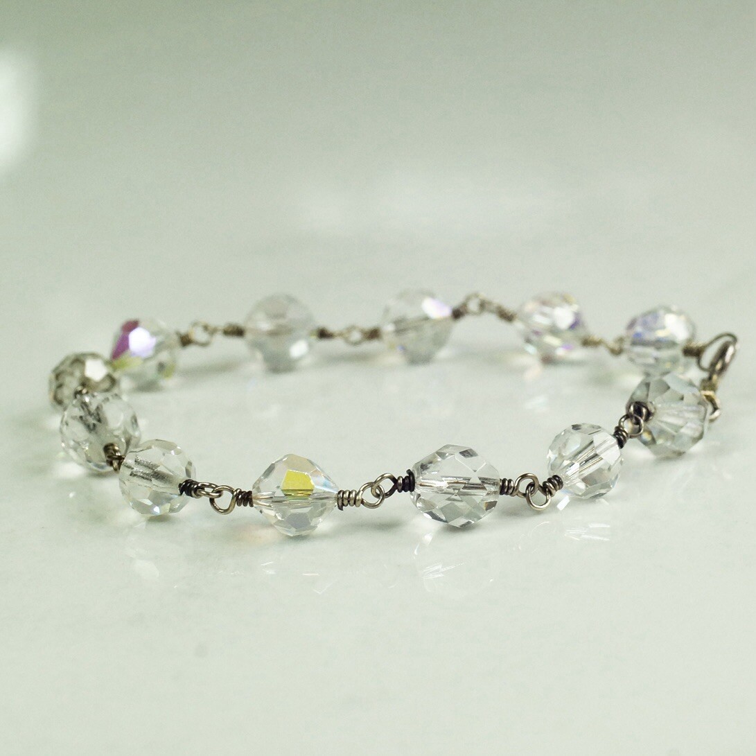 Sterling Silver Twisted Wire Clear Glass Crystal Bead Bracelet 7.36”