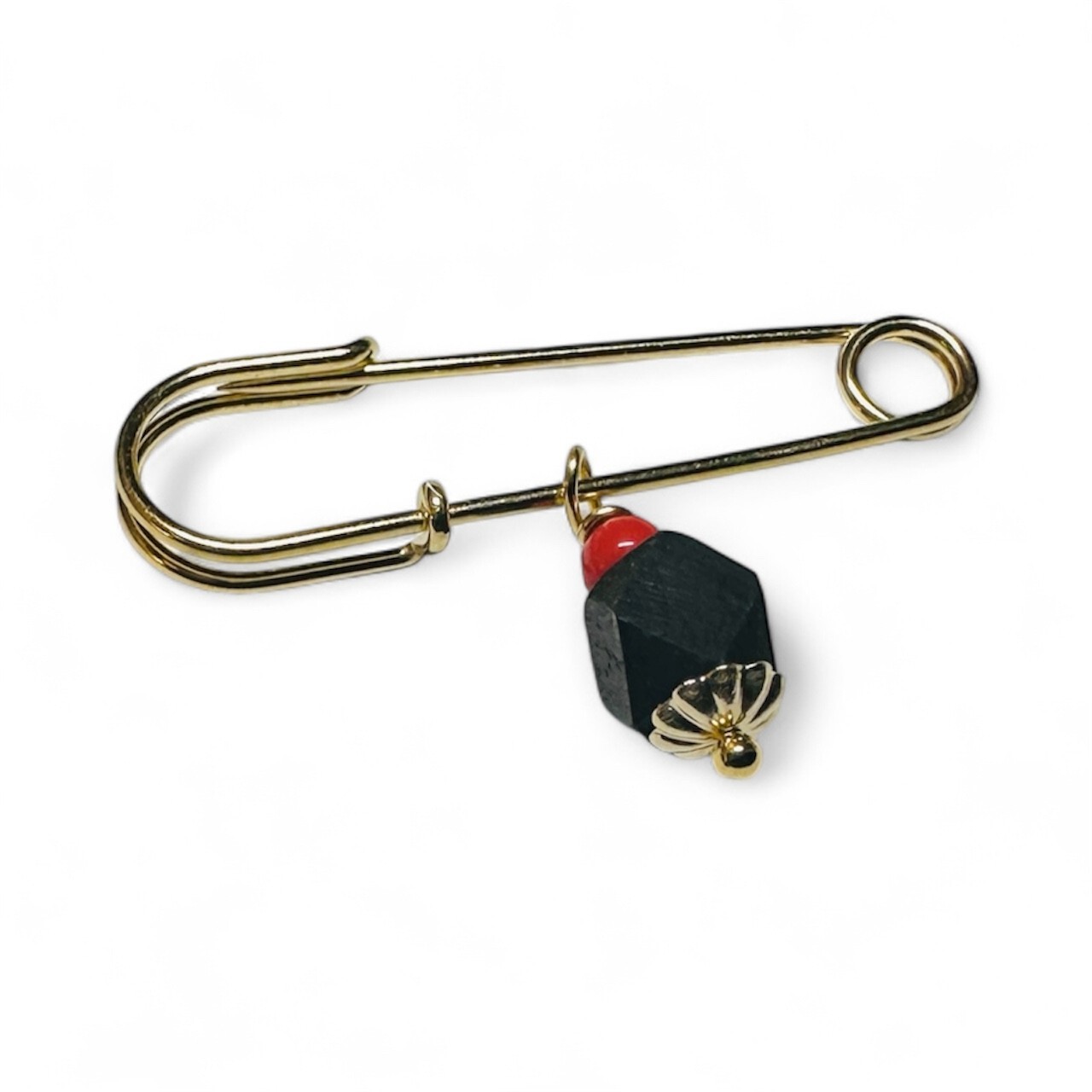 14 Karat Yellow Gold Filled and Genuine 5mm Azabache Jet Safety Pin (1.25″)