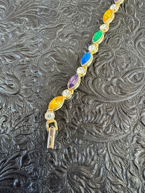 Vintage Gold Tone Rainbow Marquise Rhinestone Tennis Bracelet Purple Blue Green