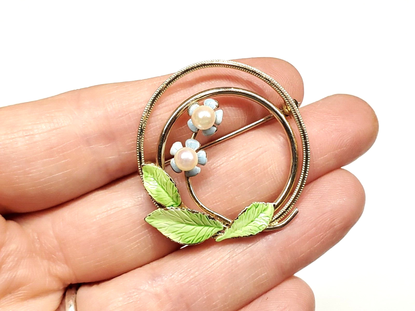 Vintage Signed CARLA 1/20 12k GF Forget Me Nots Enamel Pearl Open Circle Brooch